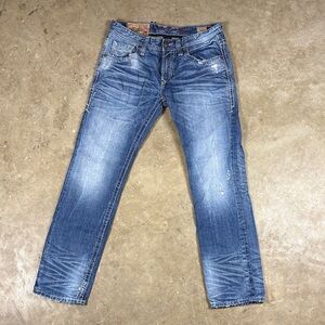Men's Heavily Distressed Rivet De Cru Relaxed Straight Blue Jeans Size 33x34